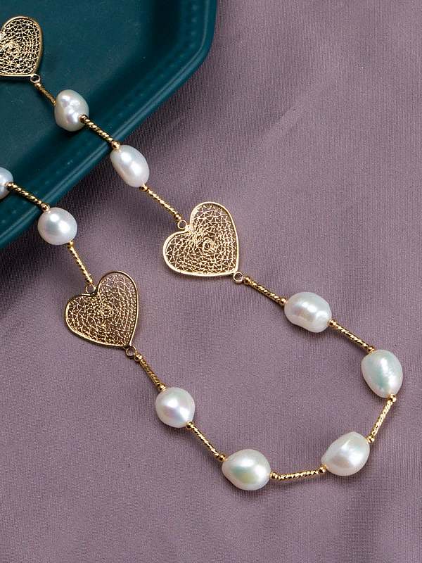 Brass Freshwater Pearl Hollow Heart Vintage Necklace