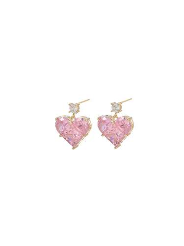 Brass Cubic Zirconia Pink Heart Dainty Stud Earring