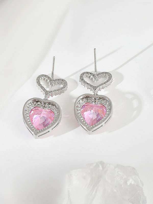 Brass Cubic Zirconia Pink Heart Cute Stud Earring