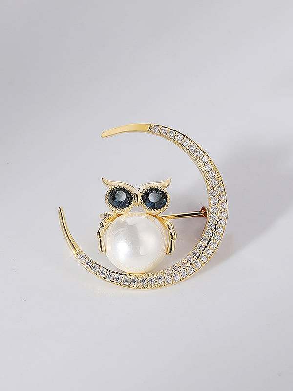 Brass Cubic Zirconia Owl Vintage Moon Brooch