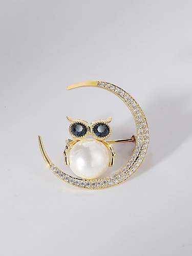 Broche Lune Vintage Hibou en Laiton Cubic Zirconia