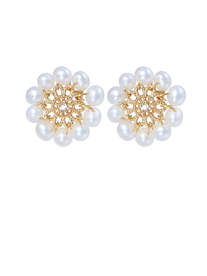 Brass Freshwater Pearl Flower Cute Stud Earring