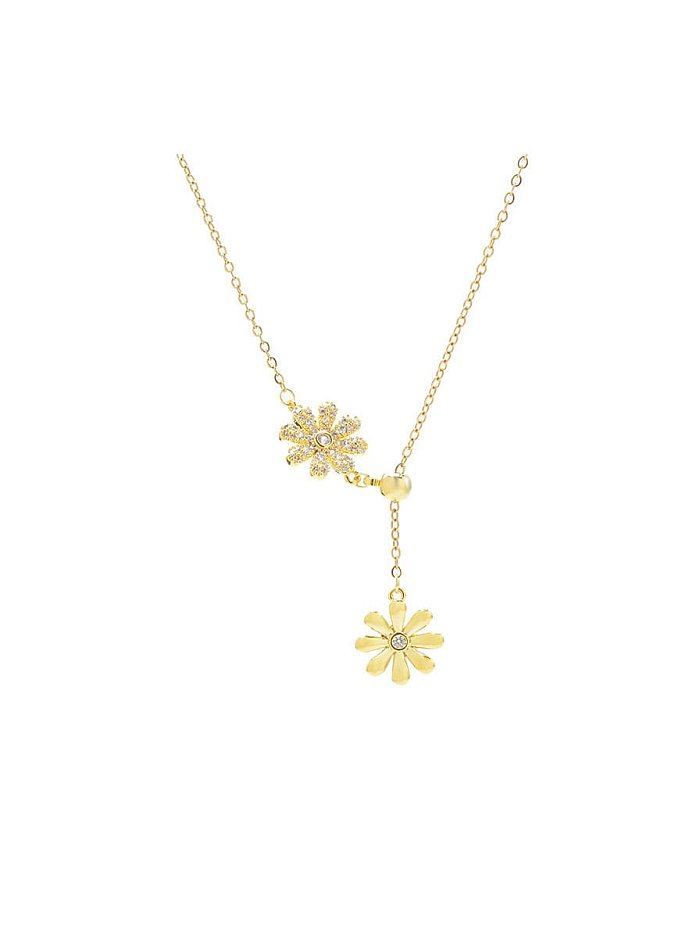 Brass Cubic Zirconia Flower Dainty Lariat Necklace
