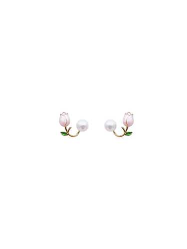 Zierlicher Ohrstecker aus Messing mit Imitationsperle und Emaille-Blume