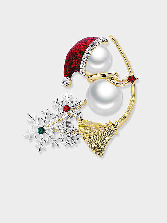 Brass Imitation Pearl Enamel Trend Snowman Brooch Luxury Christmas Gift Brooch