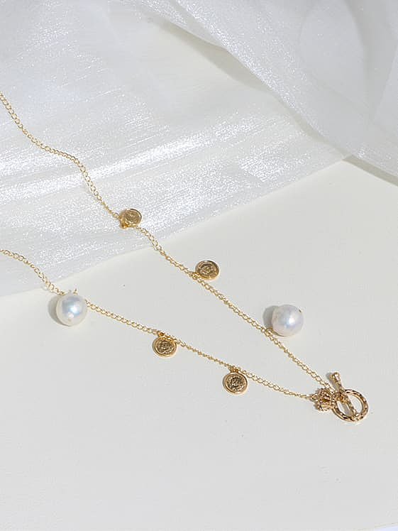 Brass Freshwater Pearl Coin Vintage Long Strand Necklace