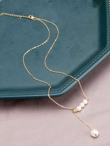 Brass Freshwater Pearl Tassel Vintage Lariat Necklace