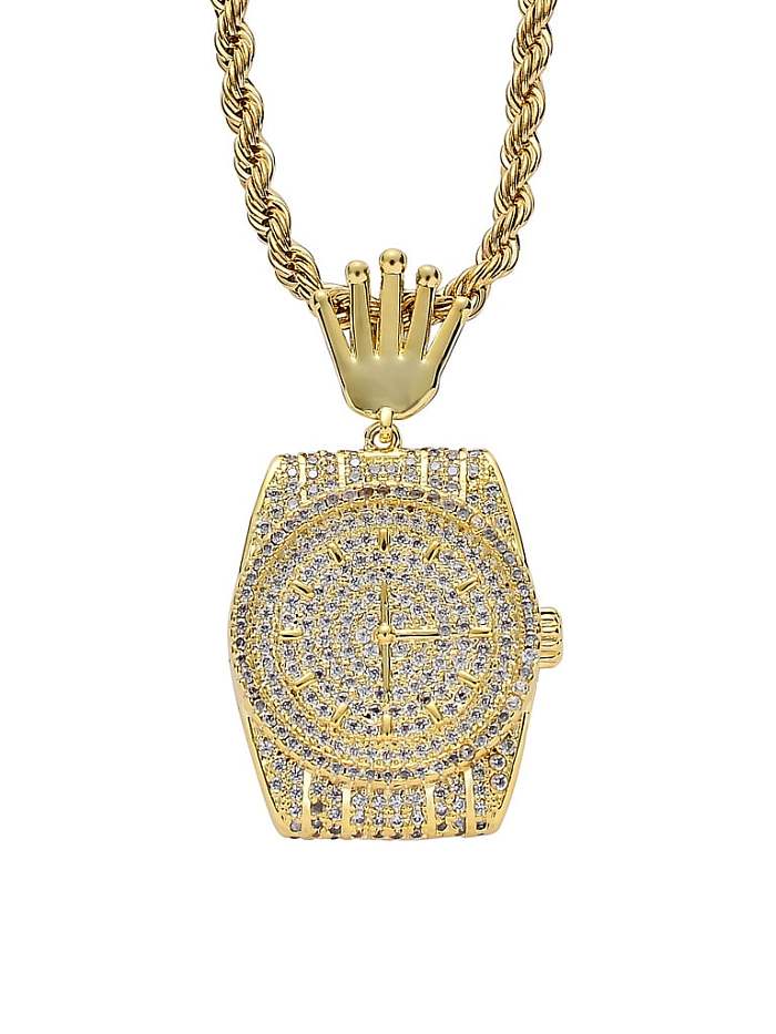 Brass Cubic Zirconia Geometric Dial Hip Hop Necklace