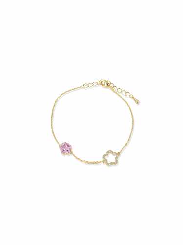 Brass Cubic Zirconia Pink Flower Dainty Bracelet