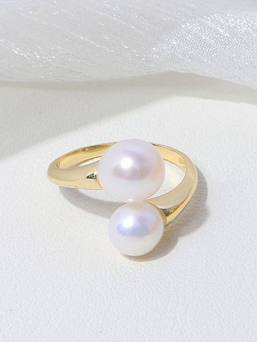 Brass Freshwater Pearl Geometric Vintage Band Ring