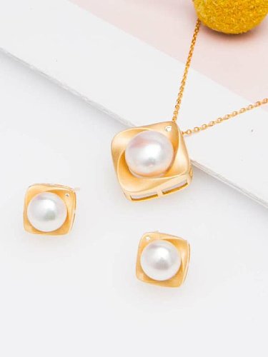 925 Sterling Silver Freshwater Pearl Minimalist Square Earring and Necklace Set
