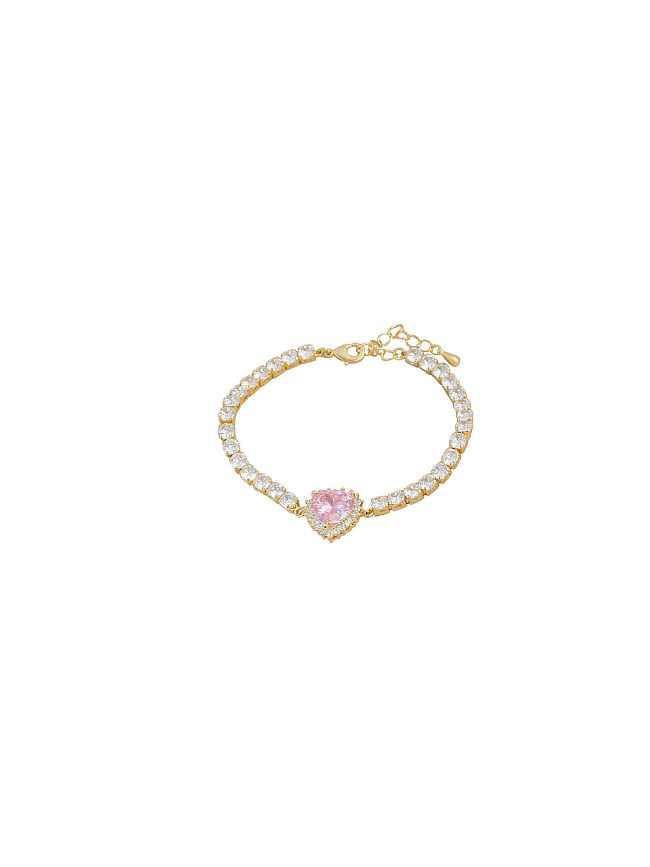 Brass Cubic Zirconia Pink Heart Dainty Bracelet
