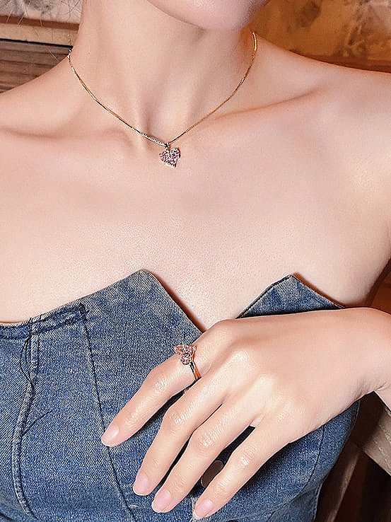 Brass Cubic Zirconia Pink Heart Dainty Necklace