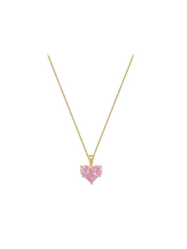Brass Cubic Zirconia Pink Heart Dainty Necklace
