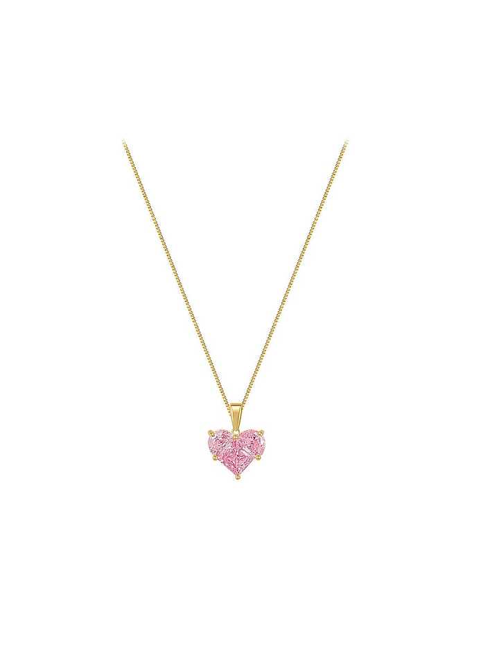 Brass Cubic Zirconia Pink Heart Dainty Necklace