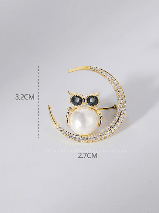 Brass Cubic Zirconia Owl Vintage Moon Brooch