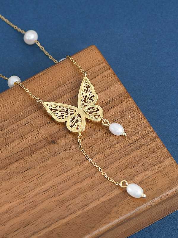 Brass Cubic Zirconia Butterfly Dainty Lariat Necklace