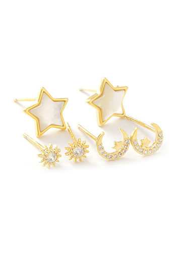 Brass Cubic Zirconia Star Moon Minimalist Stud Earring Set