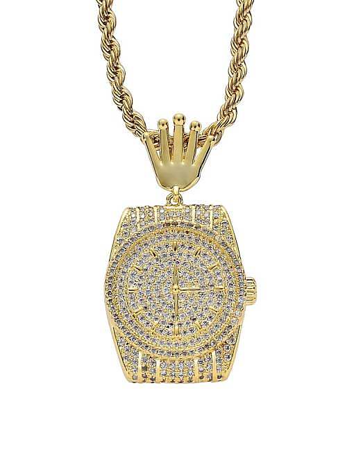Brass Cubic Zirconia Geometric Dial Hip Hop Necklace