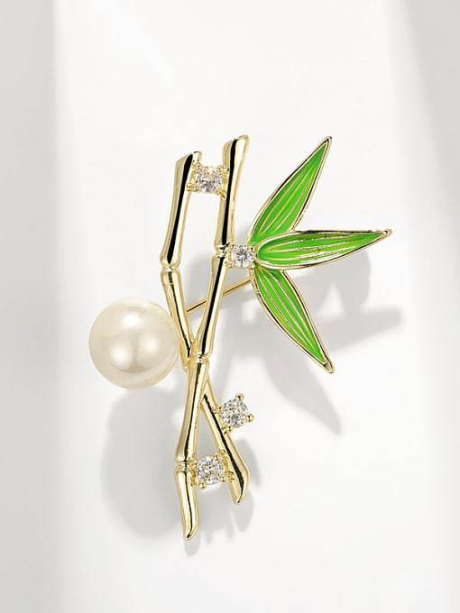 Brass Freshwater Pearl Enamel Leaf Dainty Brooch