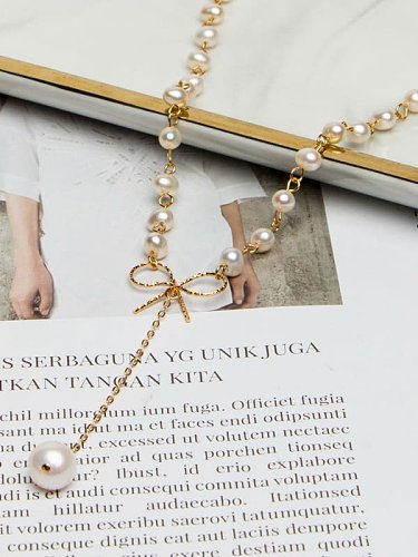 Brass Freshwater Pearl Bowknot Minimalist Lariat Necklace