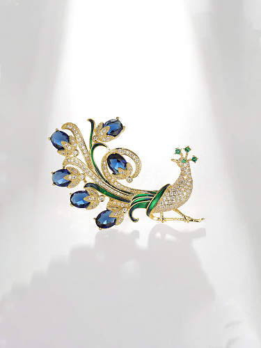 Brass Cubic Zirconia Green peacock Dainty Brooch