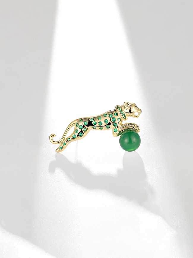 Brass Cubic Zirconia Green Leopard Vintage Brooch