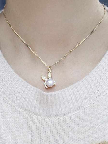 Brass Freshwater Pearl Cute Rabbit Ear Pendant Necklace