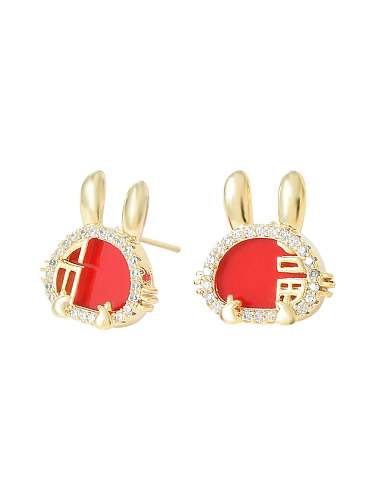 Brass Cubic Zirconia Enamel Rabbit Cute Stud Earring