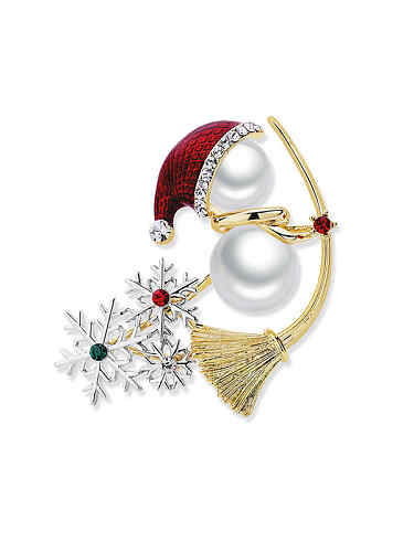 Brass Imitation Pearl Enamel Trend Snowman Brooch Luxury Christmas Gift Brooch