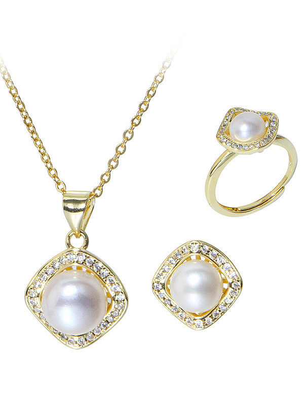 Brass Freshwater Pearl Minimalist Geometric Earring Ring and Necklace Set