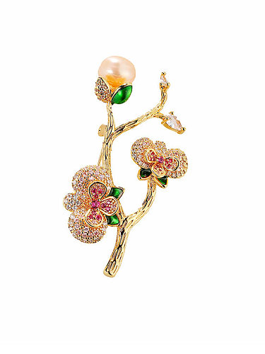 Broche de latón con zirconia cúbica Flower Trend Plum Bossom