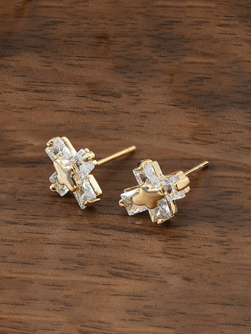Brass Glass Stone Cross Minimalist Stud Earring