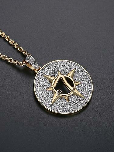 Brass Compass Cubic Zirconia Round Hip Hop Necklace