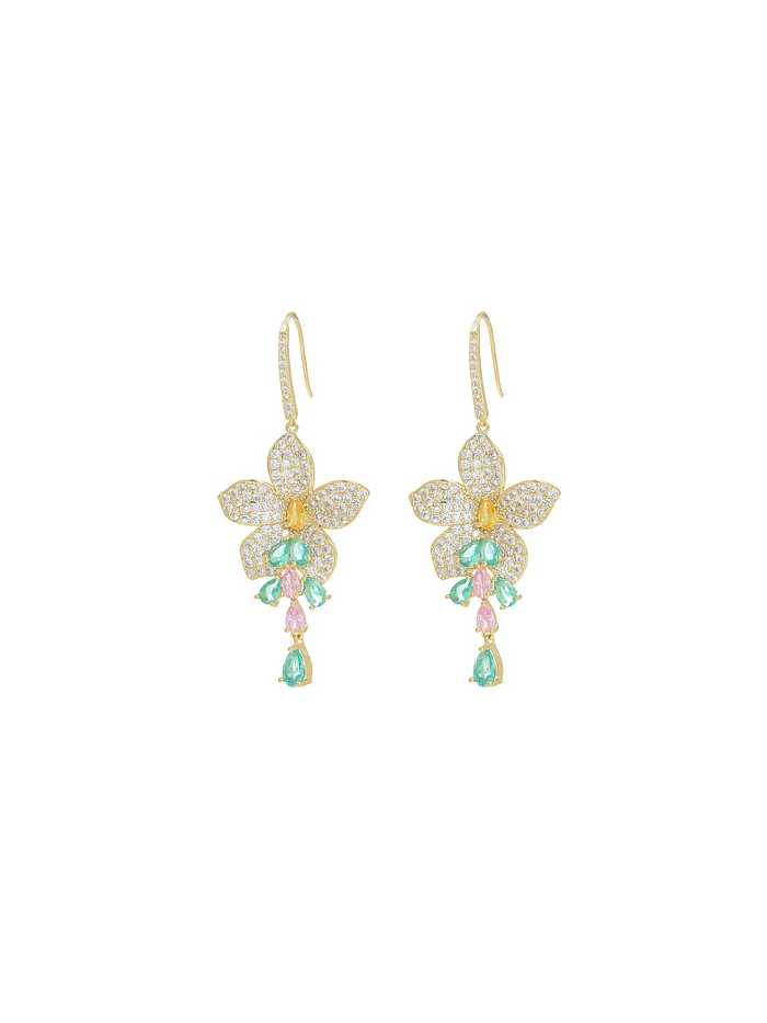 Brass Cubic Zirconia Flower Luxury Drop Earring
