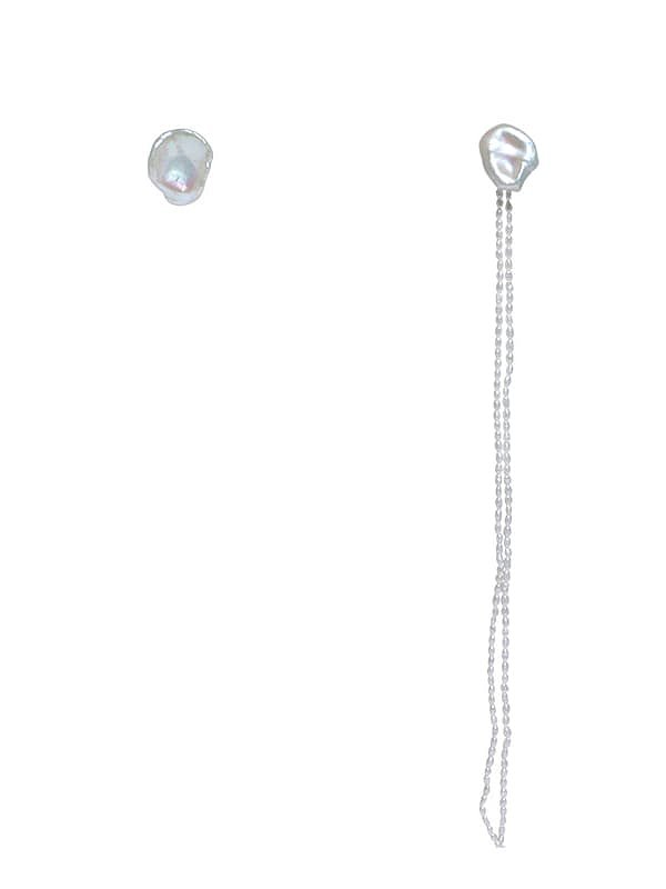 Brass Freshwater Pearl Asymmetry Tassel Minimalist Drop Earring