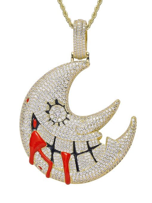 Brass Cubic Zirconia Enamel Moon Hip Hop Necklace