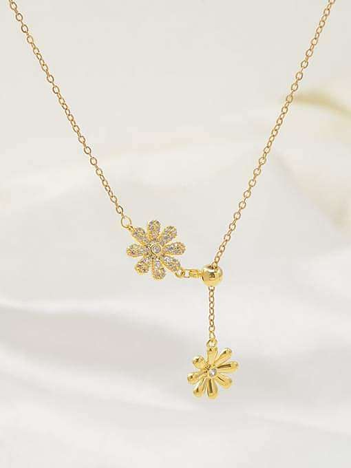 Brass Cubic Zirconia Flower Dainty Lariat Necklace