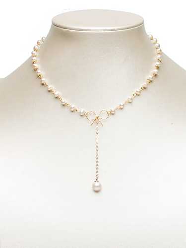 Brass Freshwater Pearl Bowknot Minimalist Lariat Necklace