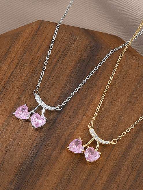 Brass Cubic Zirconia Pink Heart Dainty Necklace
