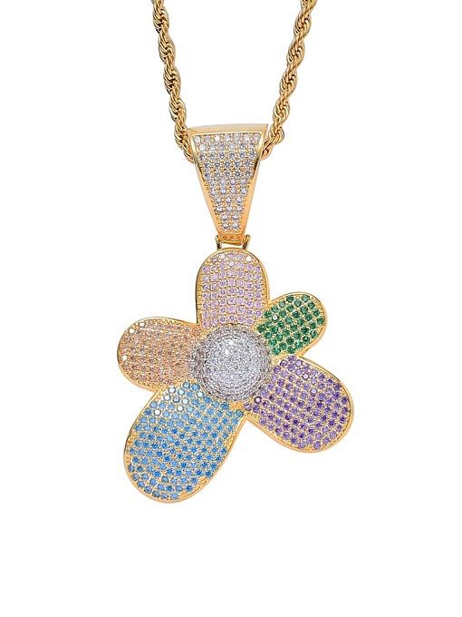 Brass Cubic Zirconia Flower Hip Hop Necklace