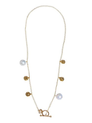Brass Freshwater Pearl Coin Vintage Long Strand Necklace