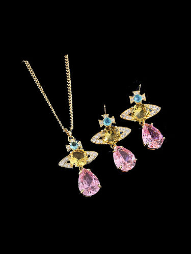 Brass Cubic Zirconia Multi Color Luxury Water Drop Earring and Necklace Set