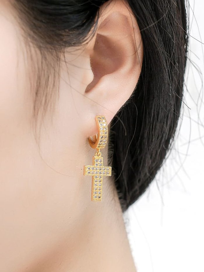 Brass Cubic Zirconia Cross Dainty Drop Earring