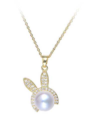 Brass Freshwater Pearl Cute Rabbit Ear Pendant Necklace