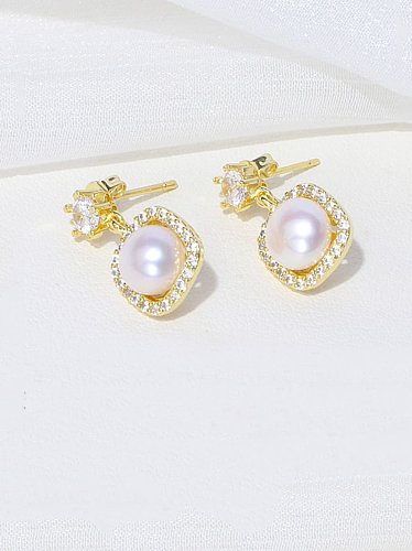 Boucles d'Oreilles Goutte Vintage Géométrique Perle d'Eau Douce en Laiton