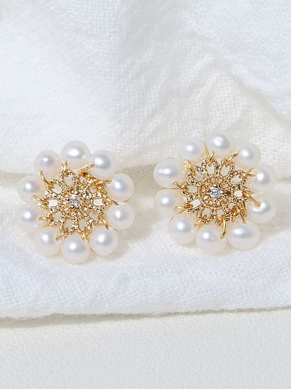 Brass Freshwater Pearl Flower Cute Stud Earring