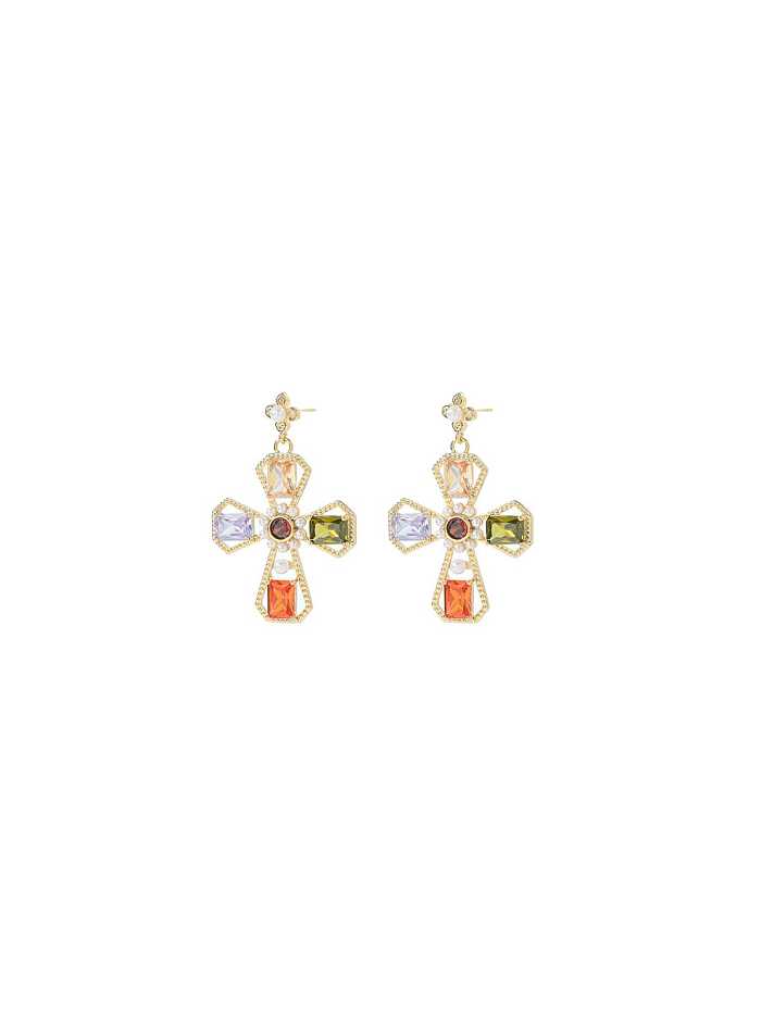 Brass Cubic Zirconia Cross Trend Drop Earring