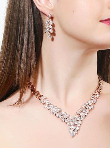 Brass Cubic Zirconia Luxury Wheatear Earring and Necklace Set