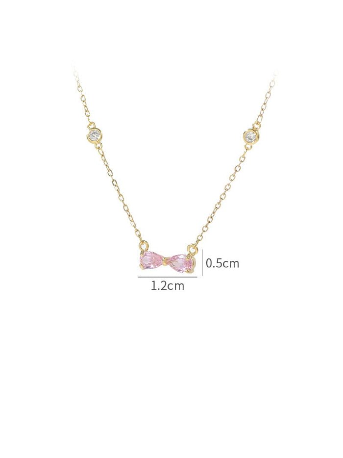 Brass Cubic Zirconia Pink Bowknot Dainty Necklace